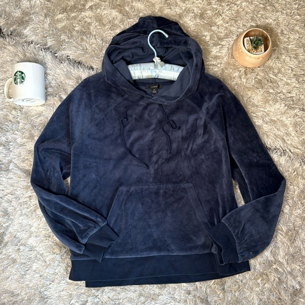 EUC J. Crew Navy Velour Hooded Sweatshirt M